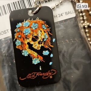 Ed Hardy Silver Dog Tag Necklace with Red Logo